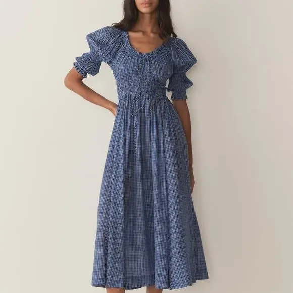 NWT Doen Ischia Cotton Voile Smocked Midi Maxi Dress Cassis Check Blue Plaid - Picture 3 of 16